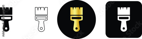 Paint brush renovation tool icon set in outline glyph and gold luxury style