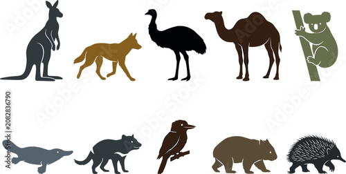 Foto Australian Wildlife Vector Silhouette Set Featuring Kangaroo, Koala, Emu, Wombat
