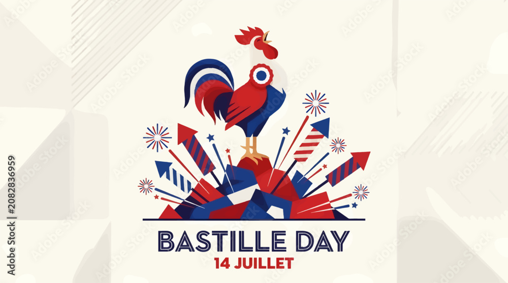 Fototapeta premium Triumphant Rooster Illustration with Fireworks and Geometric Shapes, Celebrating Bastille Day on July 14th, French Tricolor Colors, Flat Design Graphic