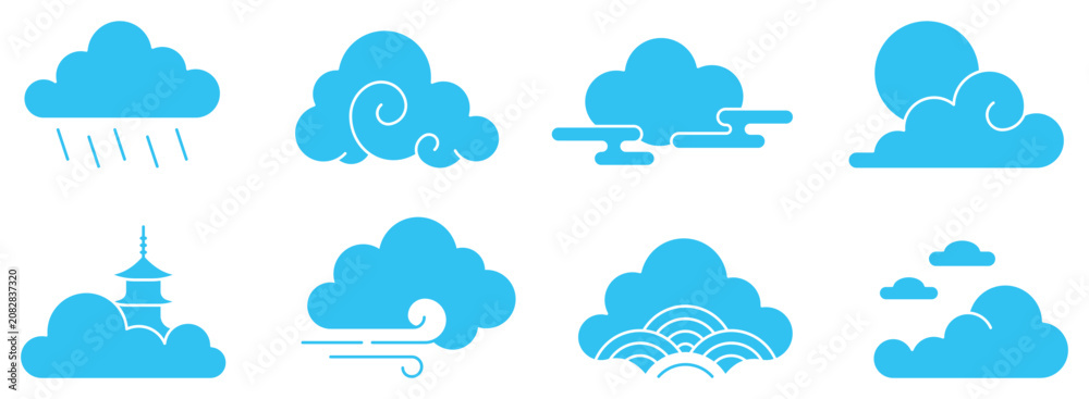 Obraz premium Japanese cloud solid set skyblue icon collection, traditional asian style oriental patterns, weather elements with rain wind sun pagoda silhouette decorative graphic design vector illustration.