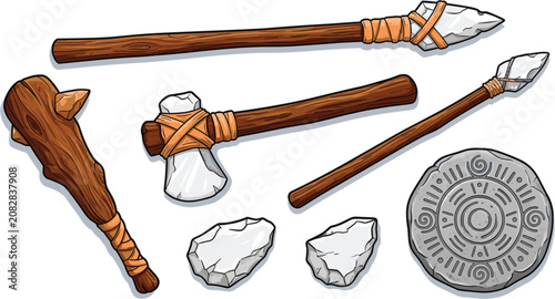 Tableau sur toile Prehistoric stone age weapons and tools set primitive caveman spear axe club whe