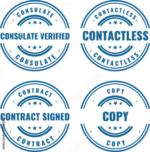 Tableau sur toile Group of four blue round rubber stamps showing administrative terms like consula