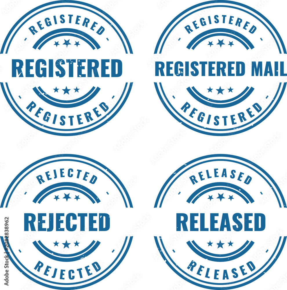 Obraz premium Professional blue circular rubber stamp collection featuring registered mail and rejected or released status indicators