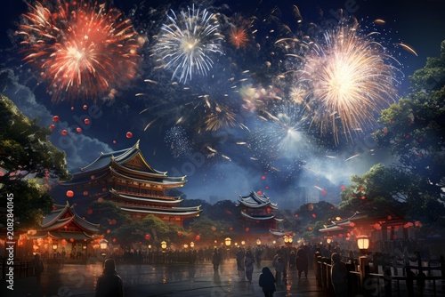 Crowd gathering at night for a lively celebration with traditional architecture and pyrotechnics