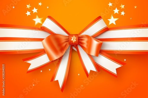Orange bow and white ribbon decorating a celebration background with stars