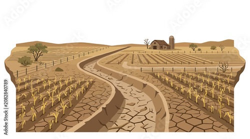 Parched agricultural landscape with cracked earth and wilting crops.