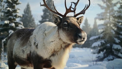 Reindeer walking through a snowy winter landscape