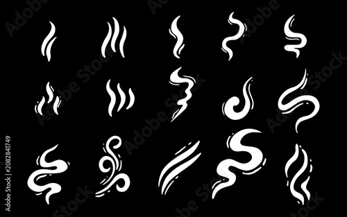 Collection of various white smoke and steam icons on a black background, depicting different shapes and styles of rising vapor.
