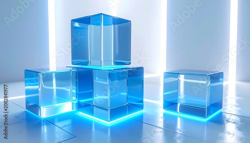 Transparent Glass Cubes with Blue Light Abstract Technology Background