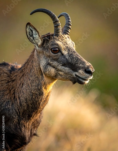 Mountain goat head detail with horns and fur texture outdoors