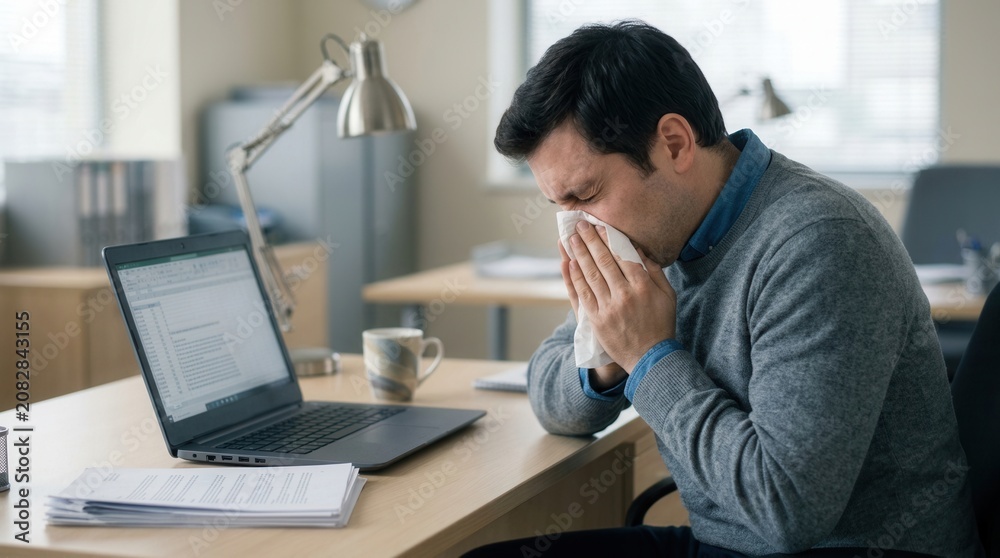 Fototapeta premium Man With Flu Sneezing Into Tissue While Working At Office Desk