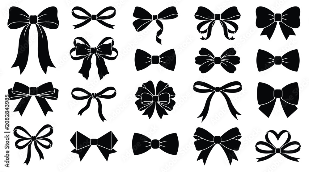 Fototapeta premium Decorative black ribbon bow collection featuring various elegant gift wrapping knot styles for holidays and festive celebrations presented as a graphic design set on white background