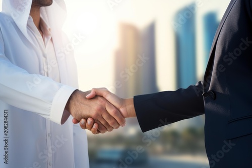 Businesspeople shaking hands sealing a partnership outdoors in modern city