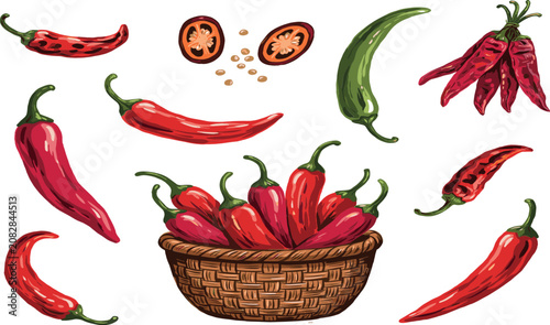 Photos Spicy Chili Pepper Vector Set with Woven Basket, Sliced Jalapenos, and Dried Red
