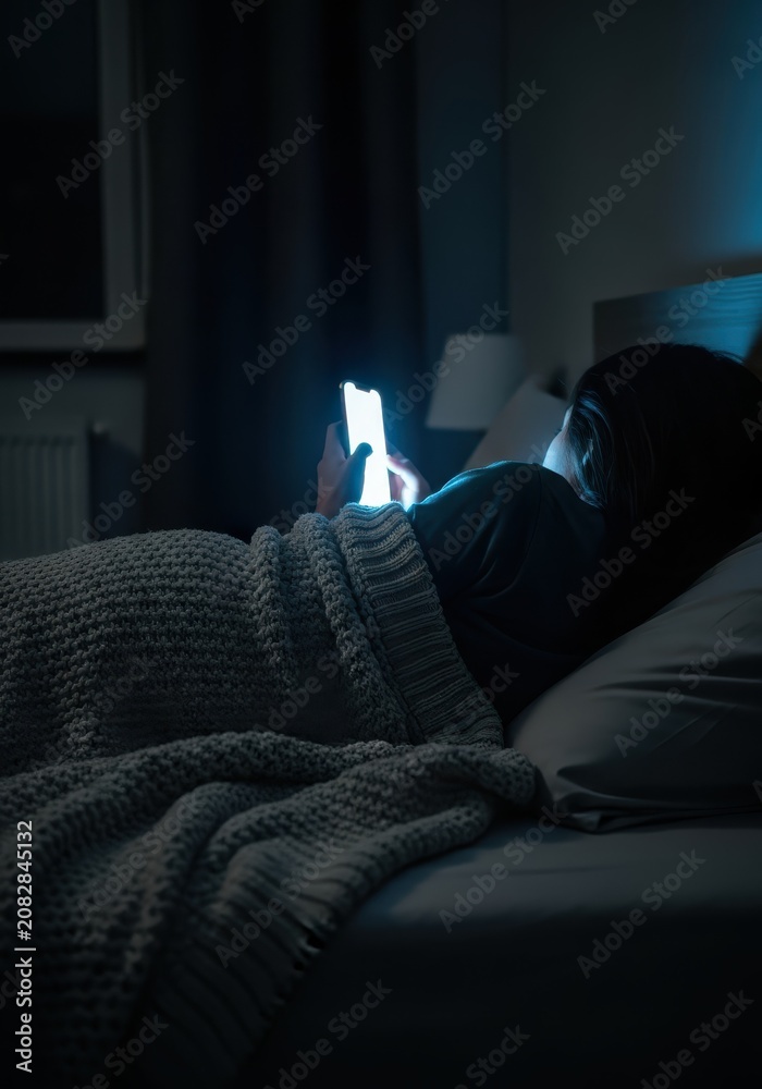 Fototapeta premium Young Woman Using Smartphone in Bed at Night with Bright Screen Light Illuminating Face and Hands in Dark Bedroom