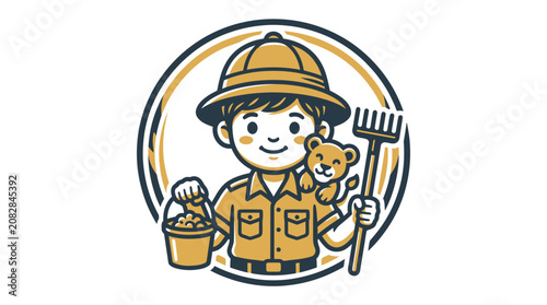 Canvas Print Cartoon fireman with teddy bear.