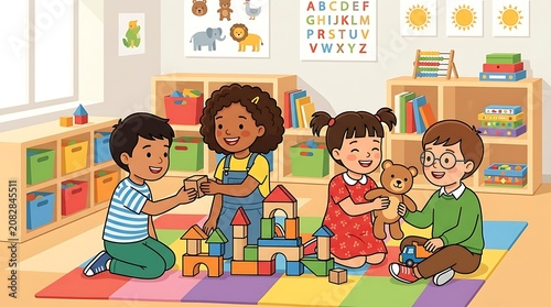 Four children sharing and playing with toys together on colorful mats in a classroom