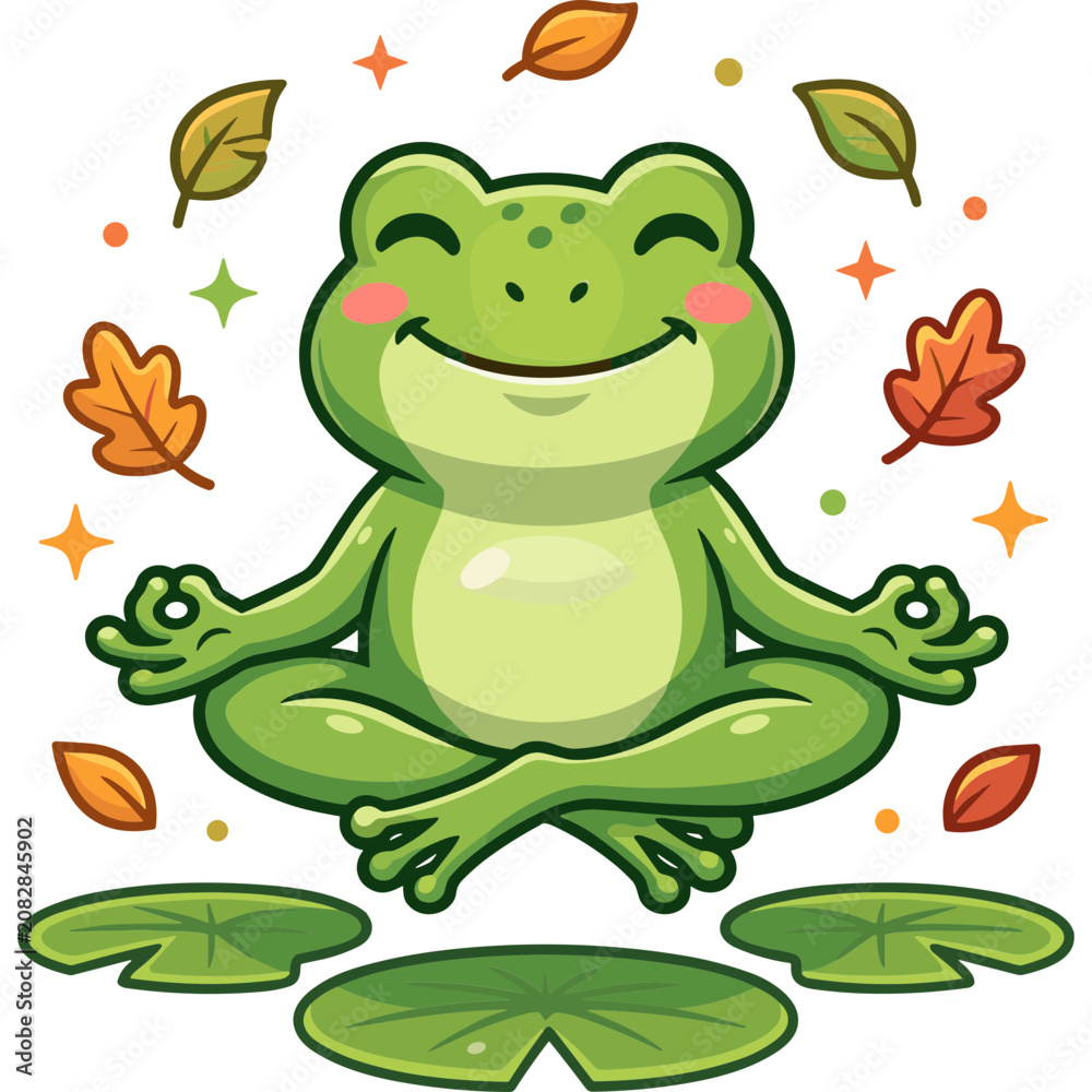 Naklejka premium A smiling green frog practices yoga surrounded by autumn leaves and sparkles in a serene outdoor setting with water lilies.