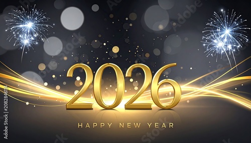 Numbers 2026 glitter in gold against a dark background with festive fireworks and bokeh light effects.