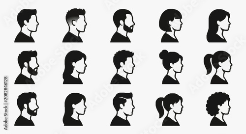 Obraz na plátně Dynamic Set of 15 Black and White Silhouette Profile Illustrations Showing Diver