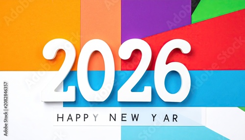 Numbers 2026 stand prominently against a backdrop of colorful overlapping paper shapes to celebrate the new year.