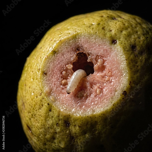 Ultra realistic macro photo of a fresh guava with a small natural hole and a tiny worm emerging, organic fruit concept, clean white background, soft diffused lighting, detailed interior texture, minim