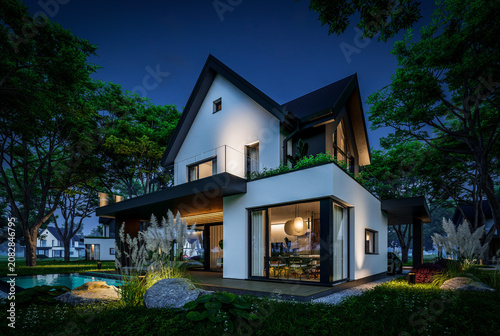 3d rendering of contemporary architectural luxury house exterior at night. Modern Scandinavian style family home, dramatic exterior lighting and garden landscaping at twilight