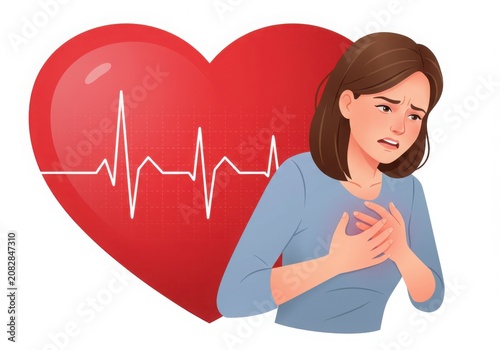Woman experiencing chest pain with a heart and electrocardiogram background