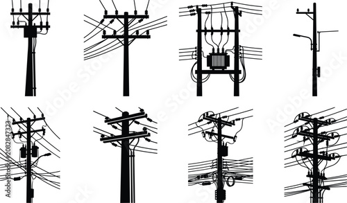 Photos Electrical Utility Poles with Transformers and Overhead Power Lines Black Silhou