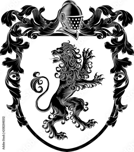 A lion coat of arms or crest family heraldry medieval heraldic knight shield with helmet and acanthus filigree scroll ornament in a vintage woodcut style.