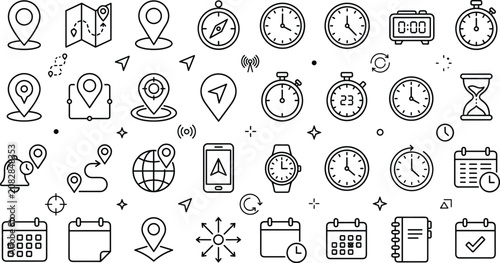 Photos Navigation and time management vector line icon set featuring GPS map pins compa
