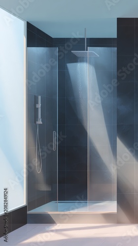 Contemporary dark tiled shower with rainfall showerhead and glass door for bathroom background and wellness design