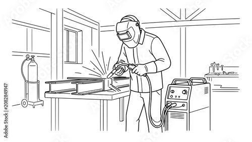 Obraz na plátně Welder joining steel beams with torch in workshop industrial assembly