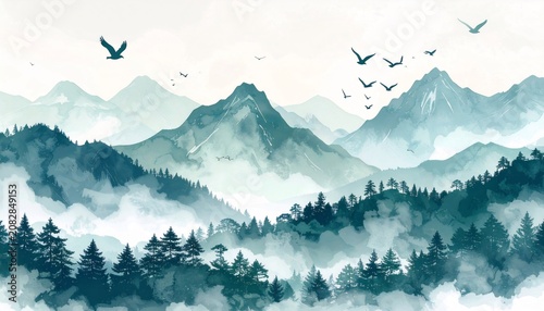 Watercolor Misty Mountains.