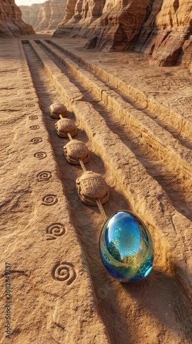 Ancient scarabs pulling mystical egg in desert canyon