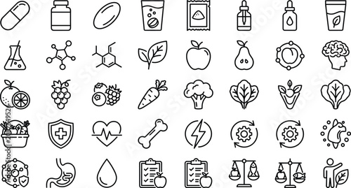 Fotografía Vitamins and healthcare minerals vector line icon set featuring dietary suppleme