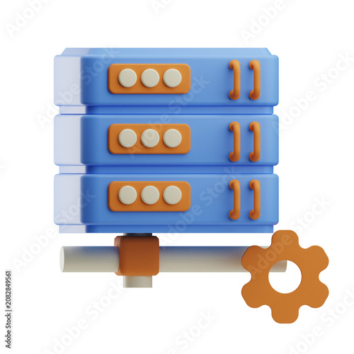 3D render of a blue network server stack connected to an orange gear symbol, representing server management and network configuration.