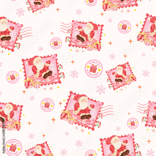 Christmas Santa Stamp pattern seamless collection. X-mas winter holiday background, wallpaper, Christmas mail to Santa background, wrapping paper and Fabric pattern, snowflake ornament seamless, Dear 