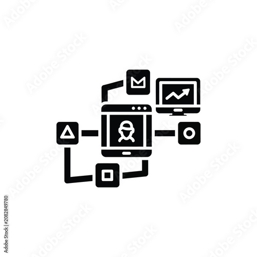 Black showing a central tablet with a person silhouette connected to email, charts, and geometric shapes on a white background, representing digital communication and data analysis