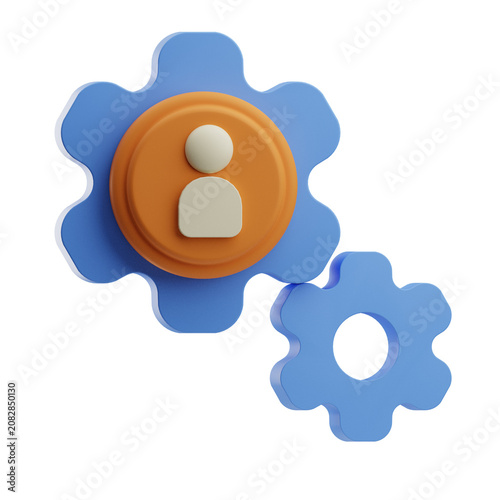 3D rendering of two blue gear wheels with an orange circular button featuring a white user icon, representing user settings or account management.