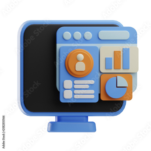 3D render showing a computer monitor with a floating dashboard interface featuring user icon, bar chart, and pie chart in blue and orange colors.
