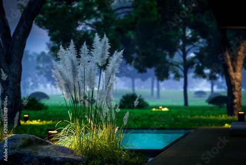 3d rendering of contemporary architectural luxury house exterior at night. Modern Scandinavian style family home, dramatic exterior lighting and garden landscaping at twilight