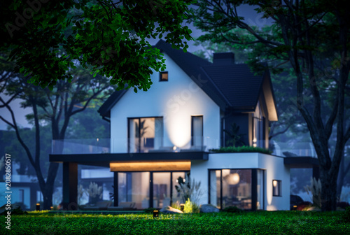 3d rendering of contemporary architectural luxury house exterior at night. Modern Scandinavian style family home, dramatic exterior lighting and garden landscaping at twilight