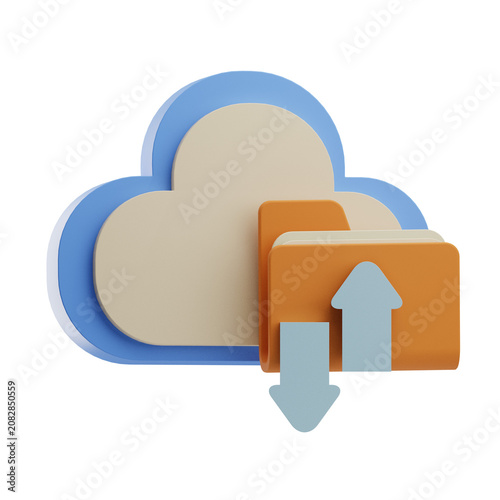 3D rendered icon of a cloud with an orange folder and blue upload and download arrows representing cloud storage and data transfer.