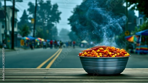 Steaming Corn Salad in Metal Bowl on Picnic Table during Outdoor Festival