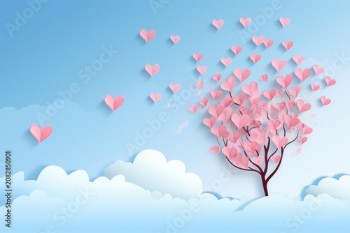 Paper heart tree growing from clouds, releasing pink hearts into a blue sky