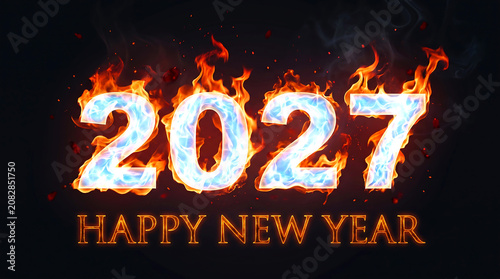 Burning 2027 Numbers with Fire Flames on a Dark Background for New Year Celebration