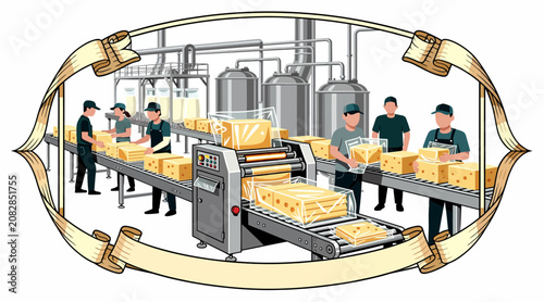Cheese Production Line Factory Workers Packaging Dairy Products Food Manufacturing