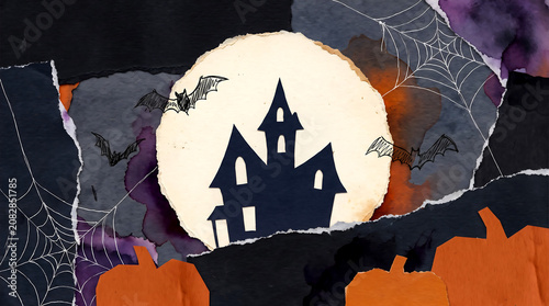 Haunted House Silhouette Against Full Moon in a Spooky Paper Collage Art Style