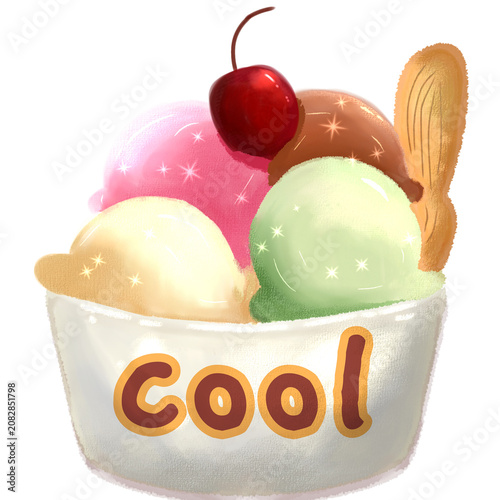 Ilustration of ice cream in a cup cherry topping for summer element